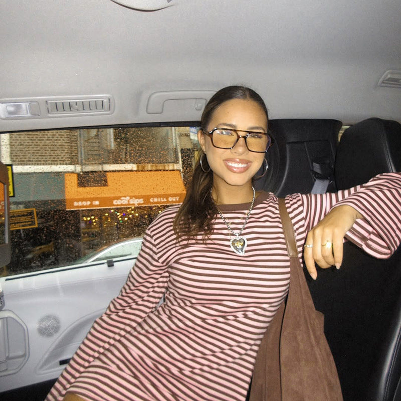 Women's Round Neck Striped Color-block Long Sleeve Loose Short A-line Dress