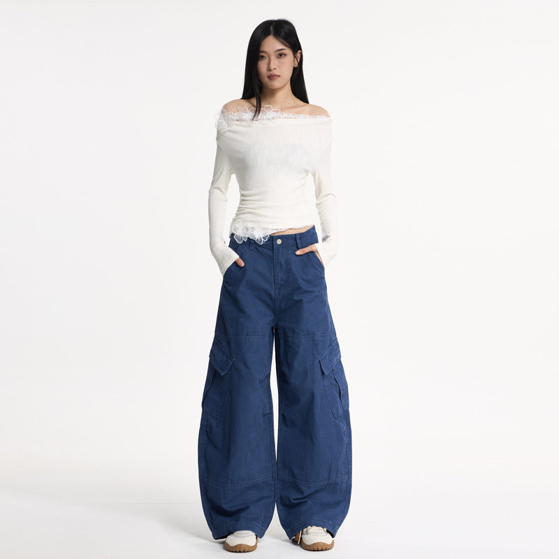 Streetwear Deconstructed Distressed Wide-Leg Cargo Pants for Women, Loose Floor-Length Casual Knife-Edge Trousers