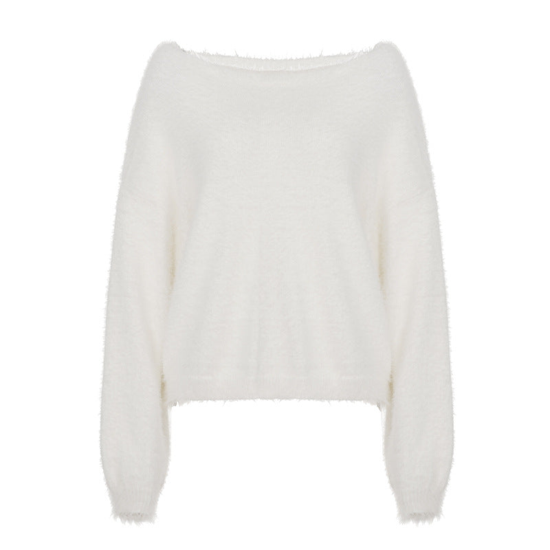 Oversized Crewneck Mink Fur Knit  Loose Solid Color Women's Sweater