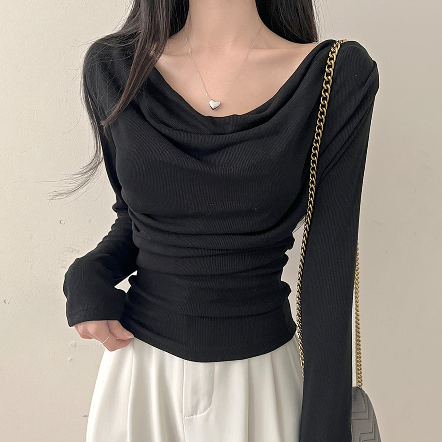 Off-Shoulder Slim Fit Long Sleeve T-Shirt Choker Neckline