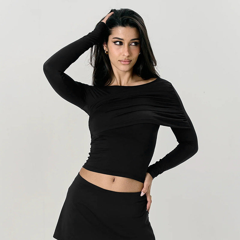 Irregular Solid Color Sexy Long Sleeve T-Shirt Top