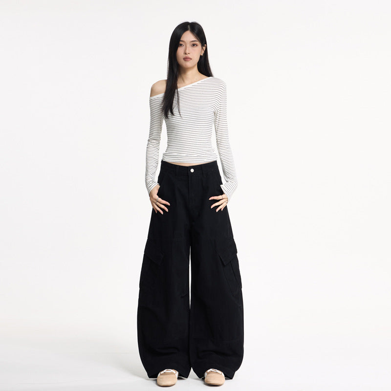 Streetwear Deconstructed Distressed Wide-Leg Cargo Pants for Women, Loose Floor-Length Casual Knife-Edge Trousers