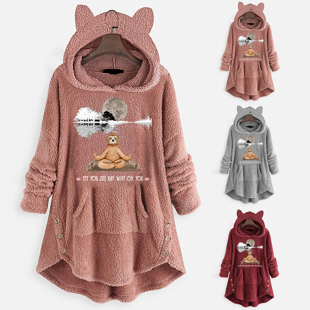 Fleece Hooded Long Sleeve Sweatshirt with Cat Ears and Print Pattern