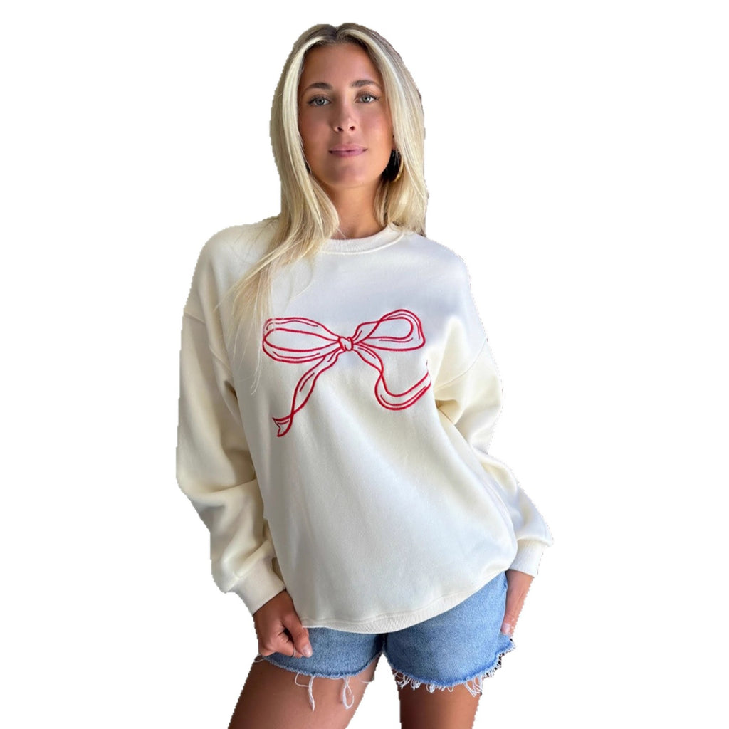 Casual Loose Round Neck Long Sleeve Hoodie with Sweet Fashion Bow for Women