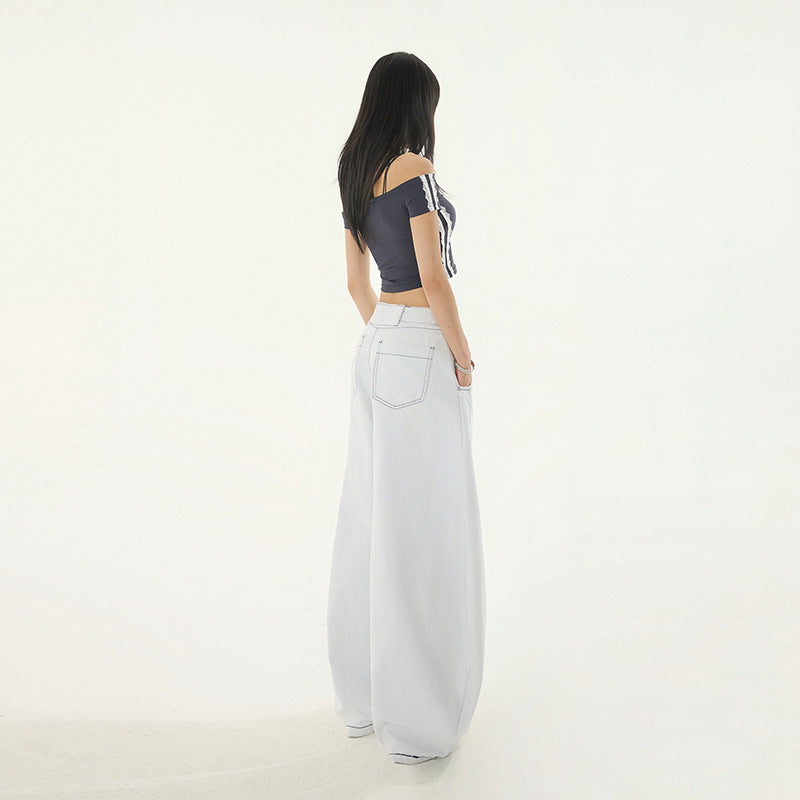 Low-Waist Knife-Edge White Jeans for Women Summer New Loose Straight High Street Wide Leg Pants