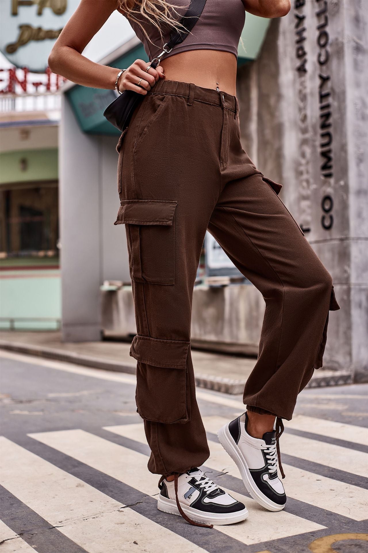 Women's Loose Drawstring Design Denim Work Pants Casual Sports