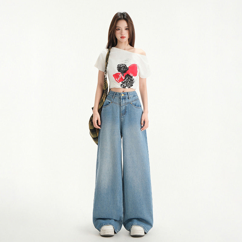 Wide Leg Jeans Women Spring New Retro High Waist Loose Straight Long Pants