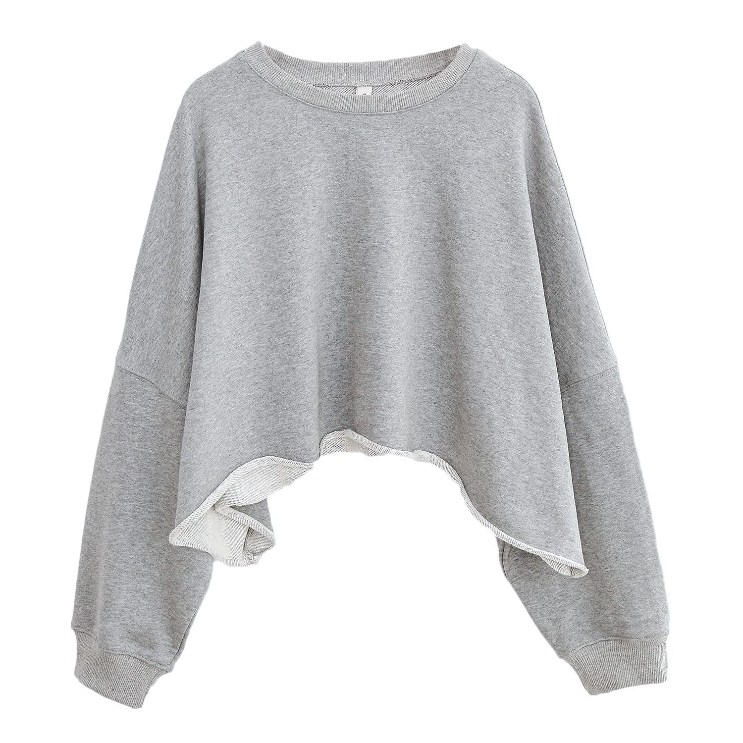 Gray Hoodie Short Length Exposed Waist Casual Drop Shoulder Women's Autumn Spring  Sport Style Loose Crop Top Long Sleeve Top
