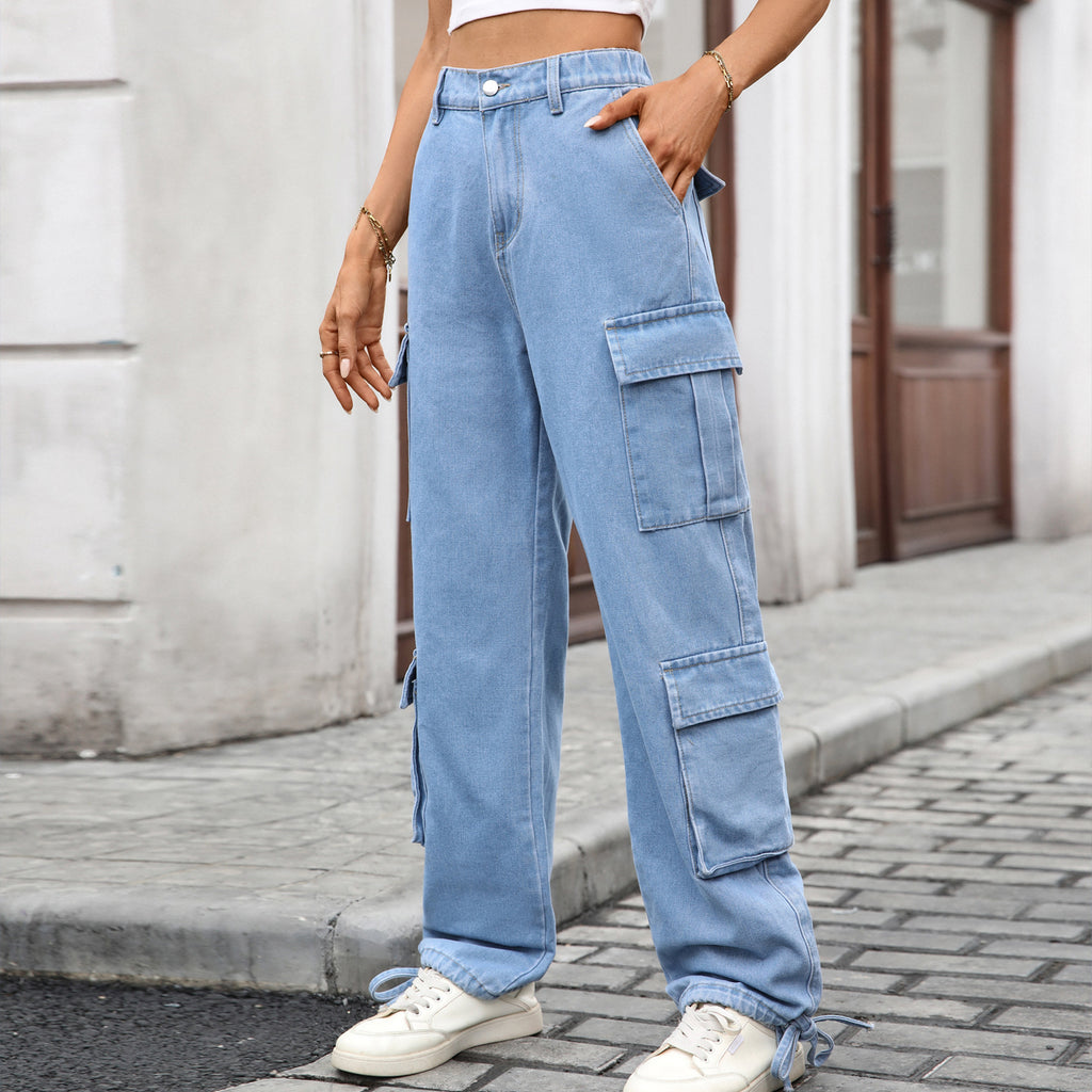 Women's Loose Drawstring Design Denim Work Pants Casual Sports