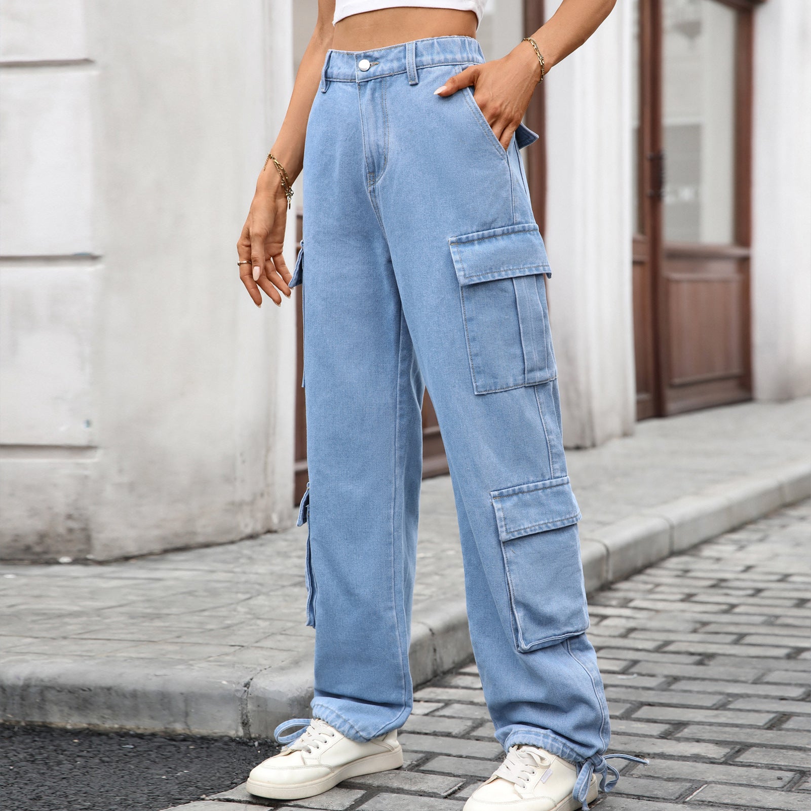 Women's Loose Drawstring Design Denim Work Pants Casual Sports