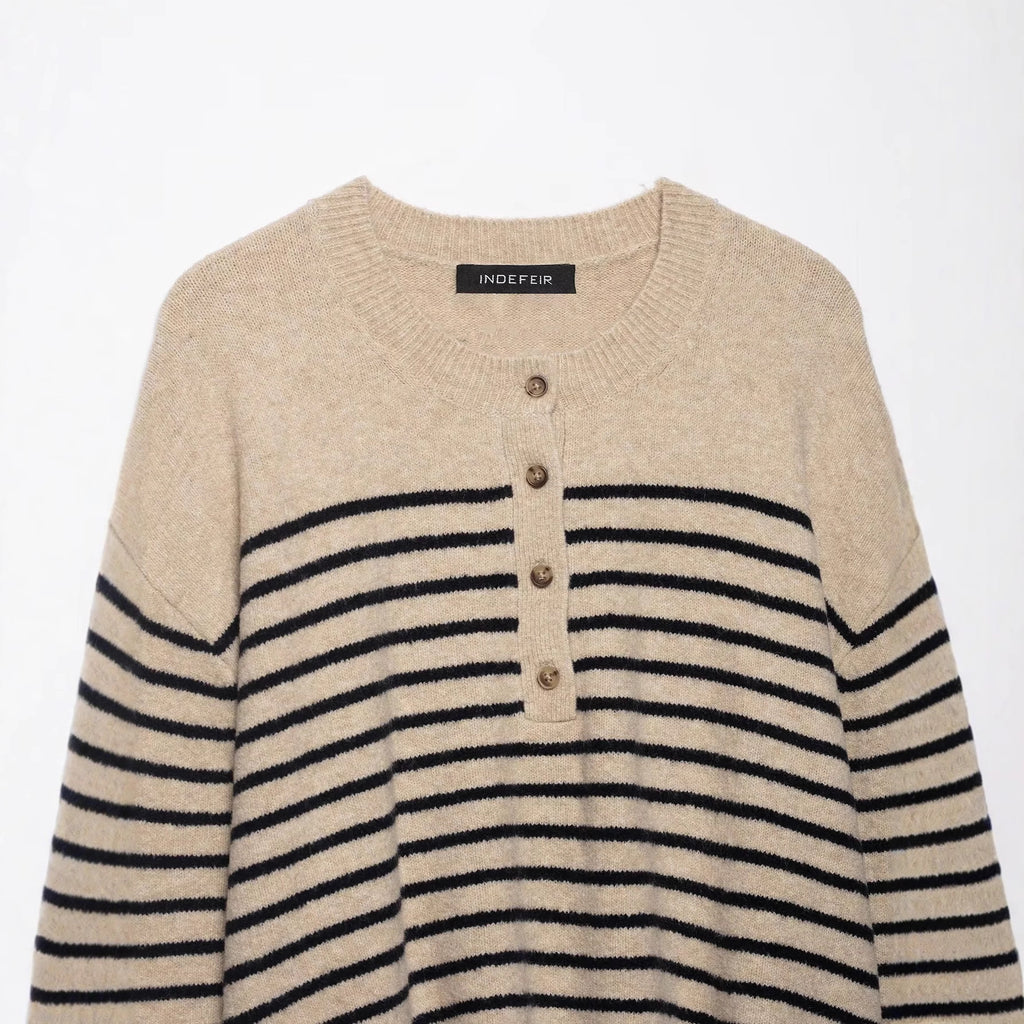 Versatile loose striped four button pullover knitted sweater for women