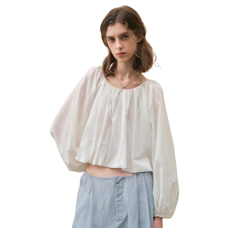 French Cotton Bubble Sleeve Top, Simple Crew Neck Long Sleeve Crop Blouse for Women