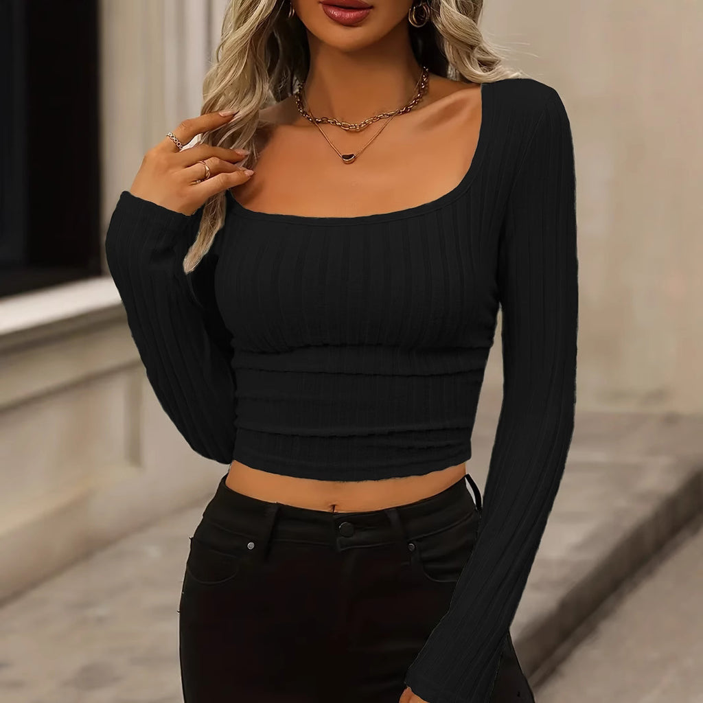 Daily Solid Color Fleece Ribbed Texture Knitted Pleated Side Slim Fit T-Shirt