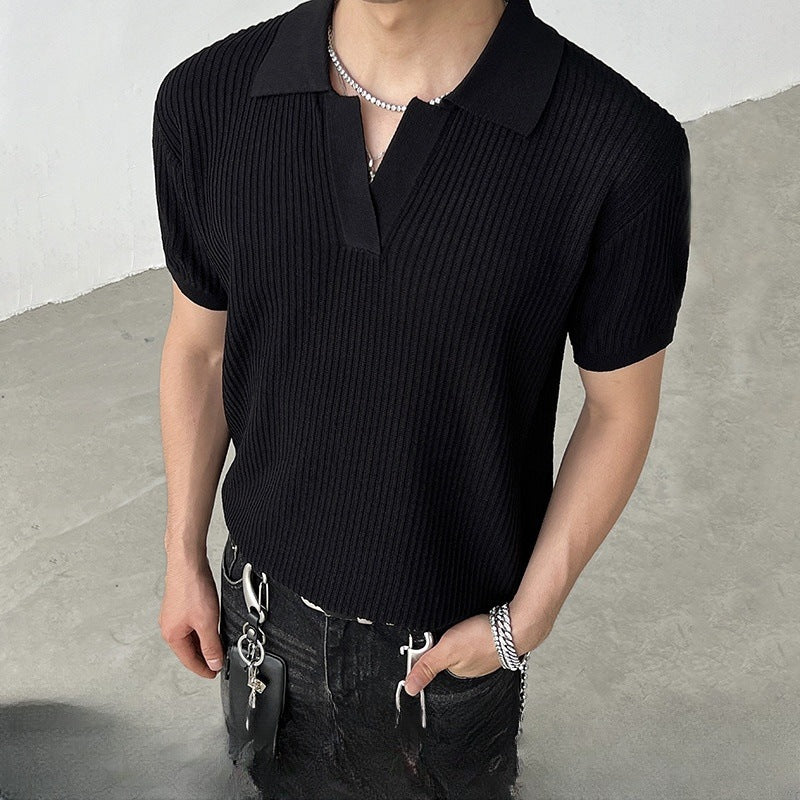 Striped texture lapel short sleeved men