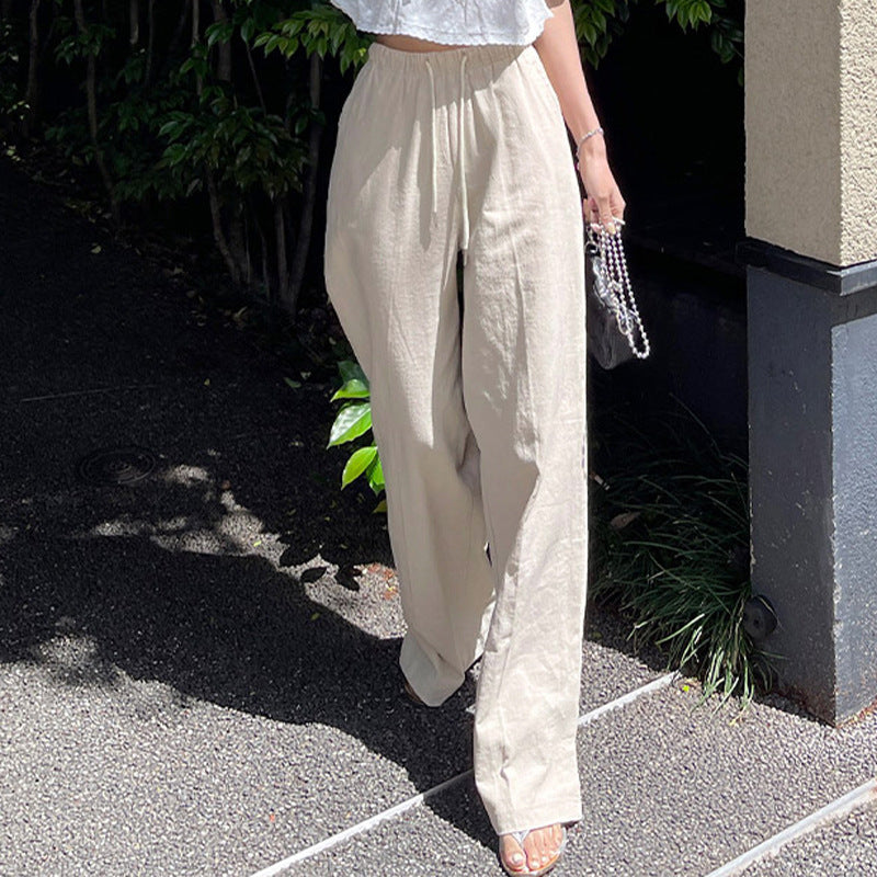 Cotton Linen High-Waist Drawstring Elastic Waist Casual Pants Women Loose Ankle-Length Trousers Summer New Breathable Slimming Straight Leg Pants