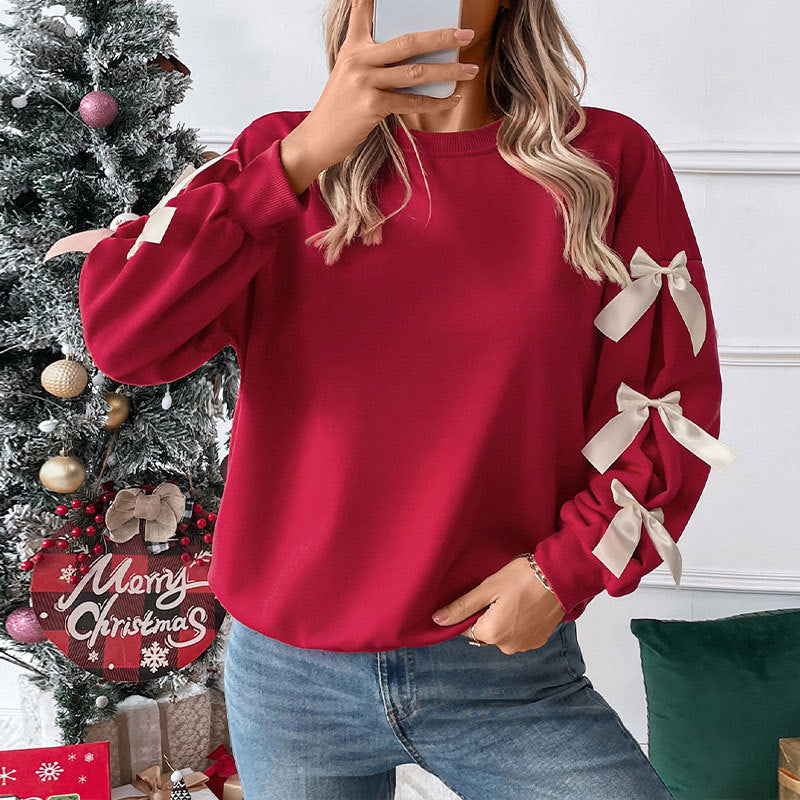 Round neck bow red Christmas hoodie for women