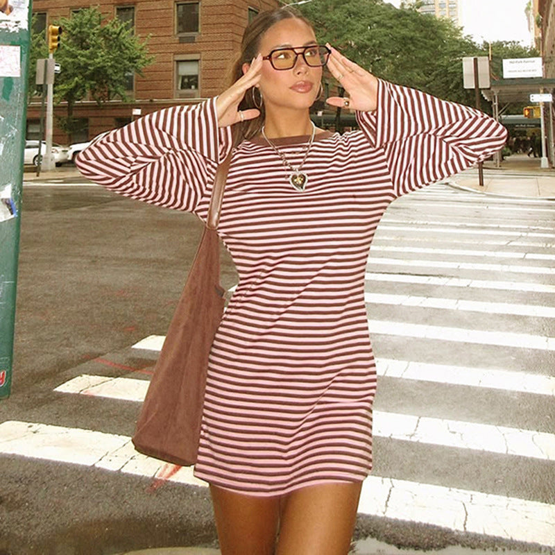 Women's Round Neck Striped Color-block Long Sleeve Loose Short A-line Dress