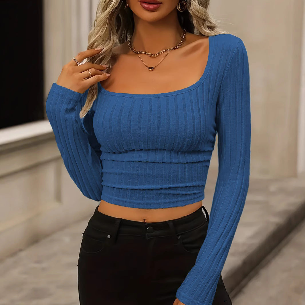 Daily Solid Color Fleece Ribbed Texture Knitted Pleated Side Slim Fit T-Shirt